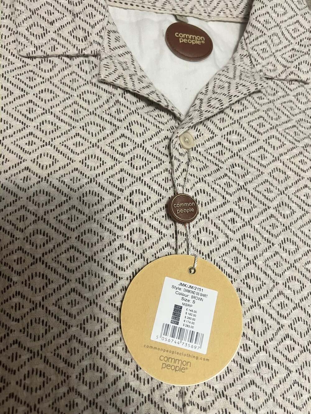 Common People Diamond Short Sleeve Button-Down Shirt, Brown, Size Small